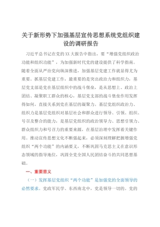 关于新形势下加强基层宣传思想系统党组织建设的调研报告