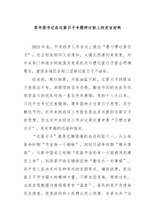 某市委书记在过紧日子专题研讨班上的发言材料