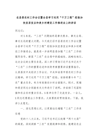 在县委农村工作会议暨全县学习运用“千万工程”经验加快宜居宜业和美乡村建设工作推进会上的讲话