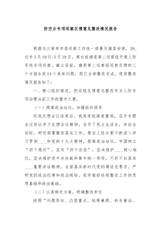 防空办专项巡察反馈意见整改情况报告