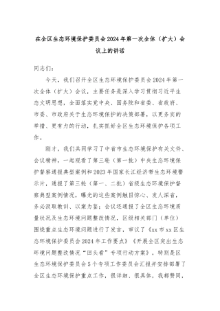 在全区生态环境保护委员会2024年第一次全体（扩大）会议上的讲话