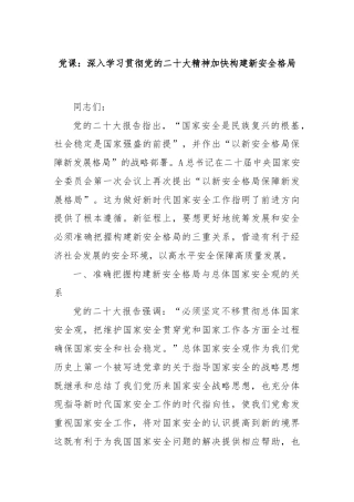 党课：深入学习贯彻党的二十大精神加快构建新安全格局
