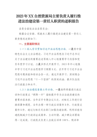 2023年XX自然资源局主要负责人履行推进法治建设第一责任人职责的述职报告