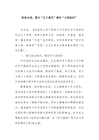 经验交流：强化“五个意识”建设“五型组织”