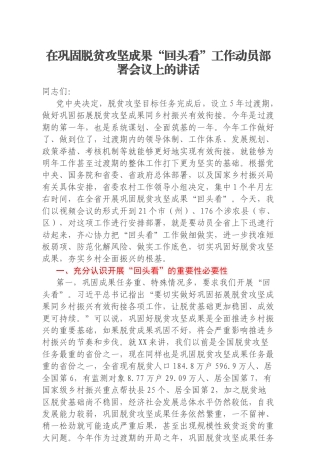 在巩固脱贫攻坚成果“回头看”工作动员部署会议上的讲话