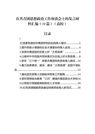 在共青团思想政治工作座谈会上的发言材料汇编（10篇）（高校）
