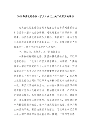 在2024年县政府全体（扩大）会议上关于抓落实的讲话