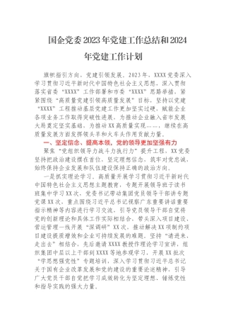 国企党委2023年党建工作总结和2024年党建工作计划