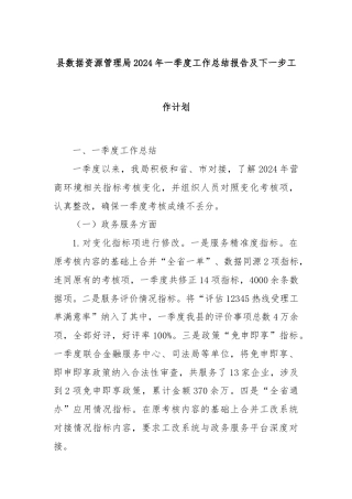 县数据资源管理局2024年一季度工作总结报告及下一步工作计划