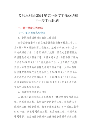 X县水利局2024年第一季度工作总结和下一步工作计划