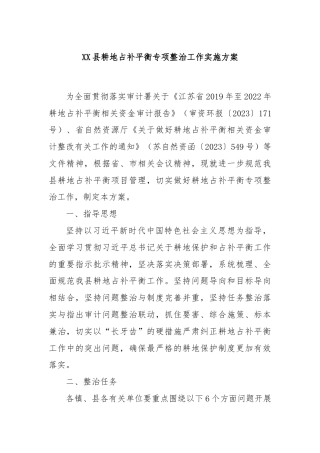 XX县耕地占补平衡专项整治工作实施方案