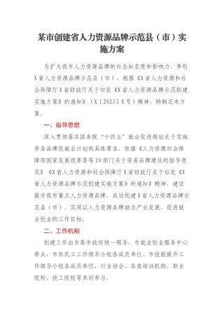 某市创建省人力资源品牌示范县（市）实施方案