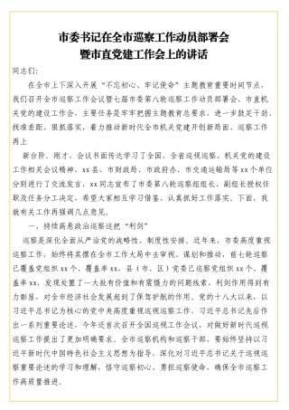 市委书记在全市巡察工作动员部署会暨市直党建工作会上的讲话