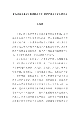 更加有效发挥统计监督职能作用 坚定不移推进依法统计依法治统