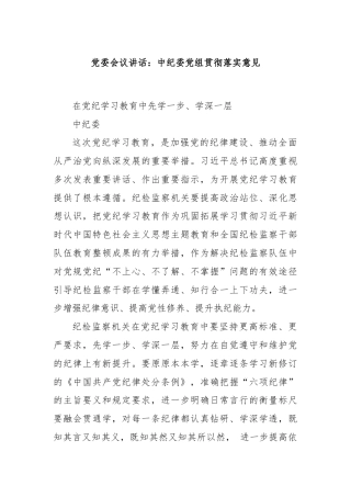 党委会议讲话：中纪委党组贯彻落实意见