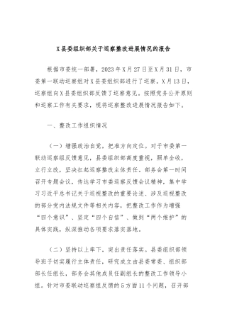 X县委组织部关于巡察整改进展情况的报告