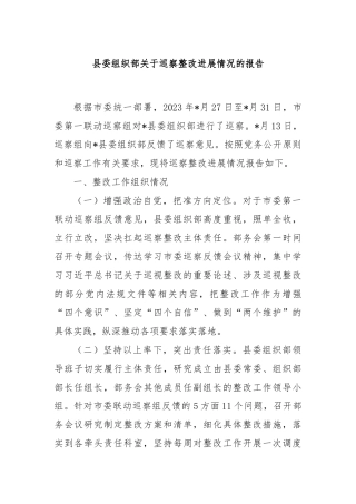 县委组织部关于巡察整改进展情况的报告