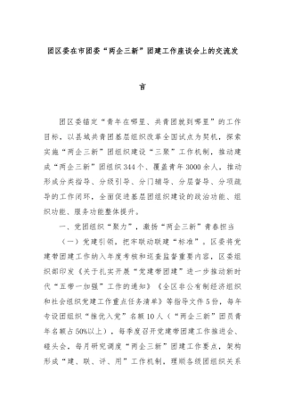 团区委在市团委“两企三新”团建工作座谈会上的交流发言
