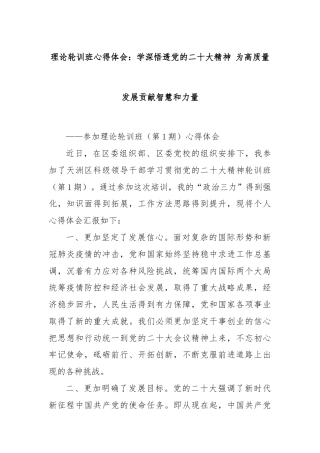 理论轮训班心得体会：学深悟透党的二十大精神 为高质量发展贡献智慧和力量