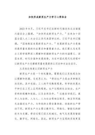 加快形成新质生产力学习心得体会