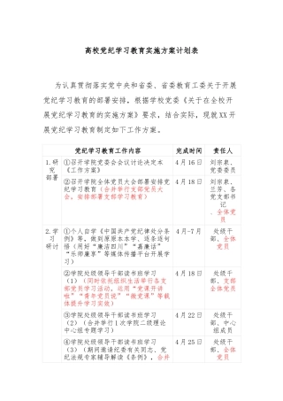 高校党纪学习教育实施方案计划表