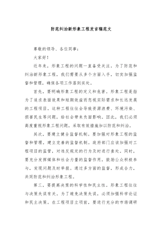 防范纠治新形象工程发言稿范文