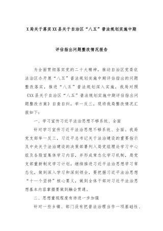 X局关于落实XX县关于自治区“八五”普法规划实施中期评估指出问题整改情况报告