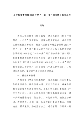 县市场监管领域2024年度“一业一查”部门联合抽查工作计划