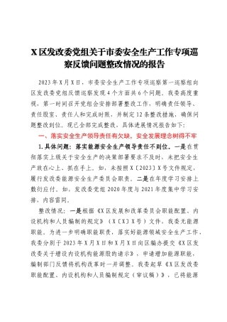 X区发改委党组关于市委安全生产工作专项巡察反馈问题整改情况的报告