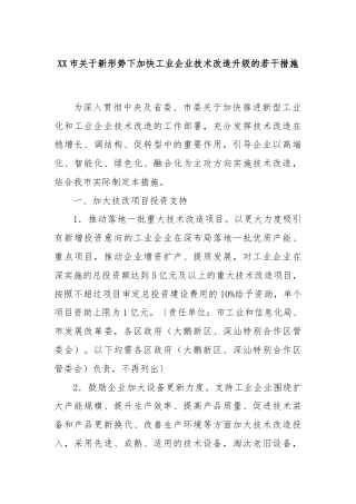 XX市关于新形势下加快工业企业技术改造升级的若干措施