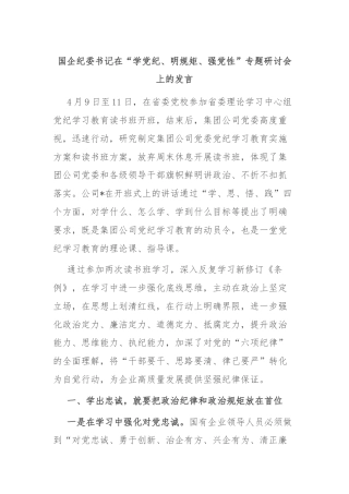 国企纪委书记在“学党纪、明规矩、强党性”专题研讨会上的发言