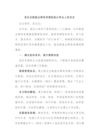 某区在新就业群体党建经验分享会上的发言