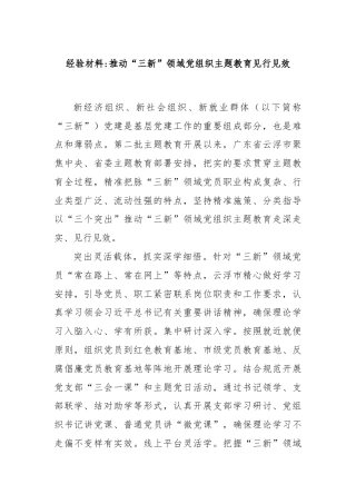 经验材料：推动“三新”领域党组织主题教育见行见效