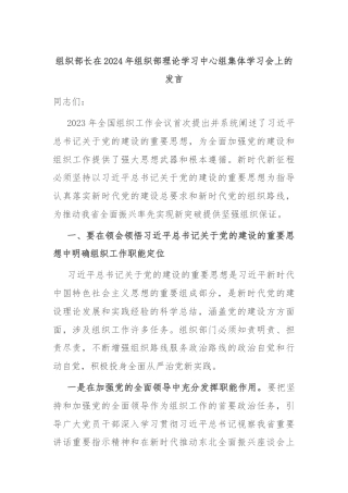 组织部长在2024年组织部理论学习中心组集体学习会上的发言