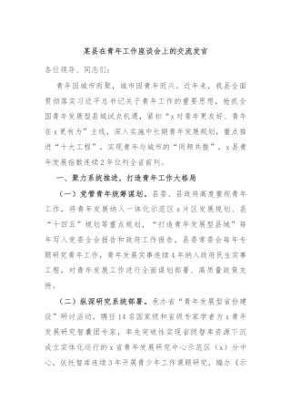 某县在青年工作座谈会上的交流发言