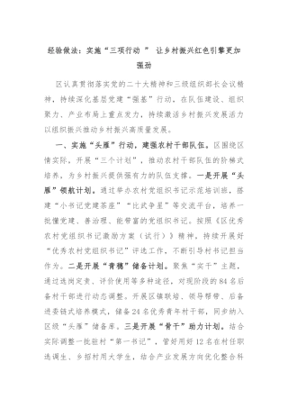 经验做法：实施“三项行动 ” 让乡村振兴红色引擎更加强劲