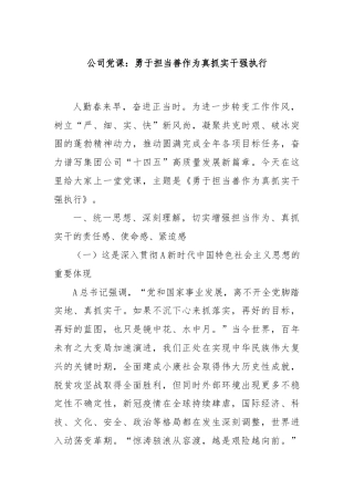 公司党课：勇于担当善作为真抓实干强执行