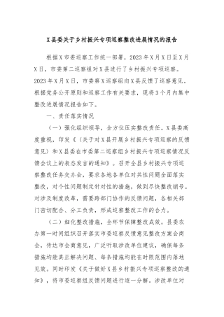X县委关于乡村振兴专项巡察整改进展情况的报告