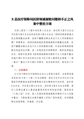 X县医疗保障局医保领域腐败问题和不正之风集中整治方案
