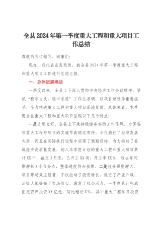 全县2024年第一季度重大工程和重大项目工作总结