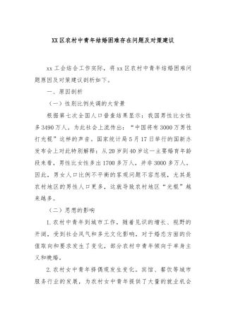 XX区农村中青年结婚困难存在问题及对策建议