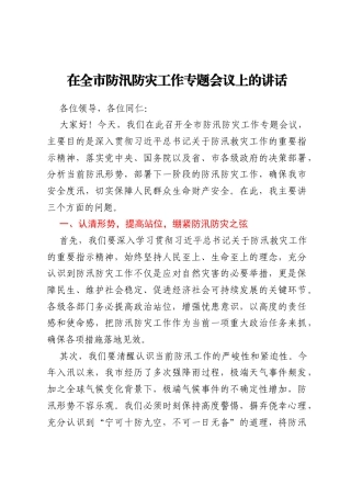 在全市防汛防灾工作专题会议上的讲话