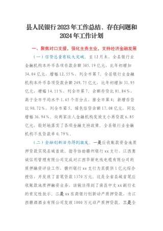 县人民银行2023年工作总结、存在问题和2024年工作计划
