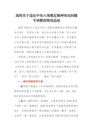 高校关于违反中央八项规定精神突出问题专项整治情况总结