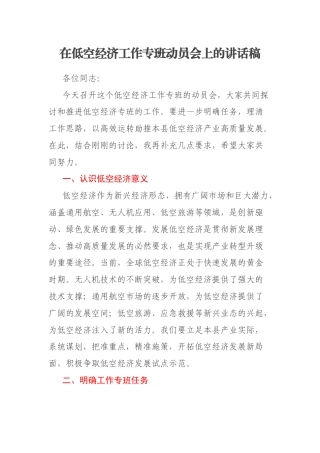 在低空经济工作专班动员会上的讲话稿