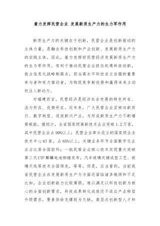 着力发挥民营企业 发展新质生产力的生力军作用