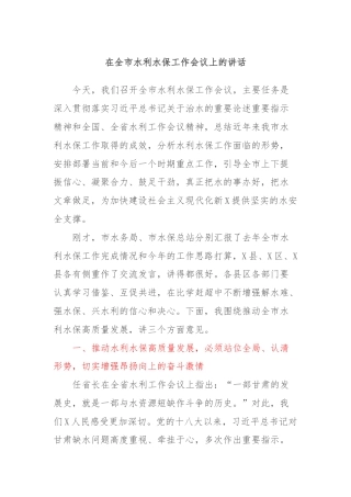 在全市水利水保工作会议上的讲话