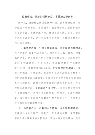 经验做法：党建引领聚合力，乡贤助力谱新章