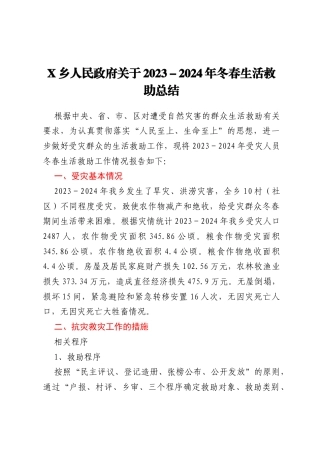 X乡人民政府关于2023-2024年冬春生活救助总结