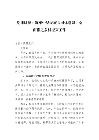 党课讲稿：筑牢中华民族共同体意识，全面推进乡村振兴工作